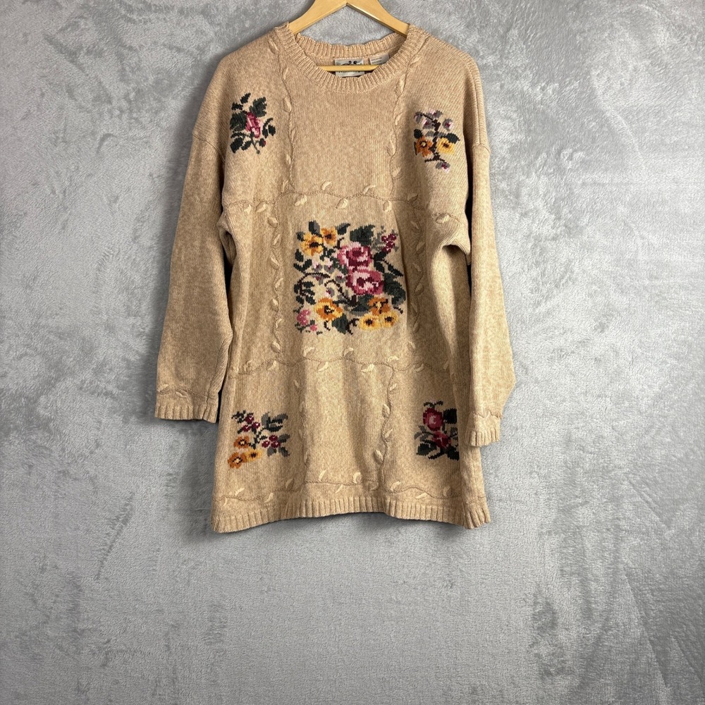 Northern Reflections Sweater Floral Embroidered XL Tan Vintage Cotton Pullover